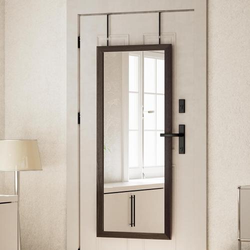 Over Door Mirror Wooden Frame, Full Length Hanging Mirror with Durable and Space-Saving Design for Bedroom, Bathroom, or Closet, Adjustable Height Hooks, Grey
