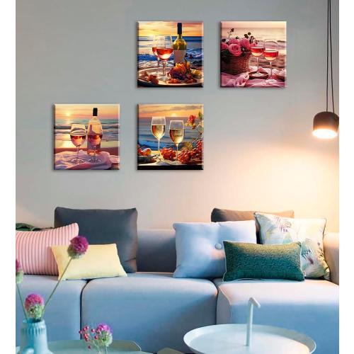 Kitchen Decor Dining Room Wall Art Wine Glass Still Life Fruit Goblet Canvas Prints Artwork Beach Sunset Landscape Romantic Poster Bar Restaurant Home Decoration Framed Ready to Hang 12X12X4 Panels