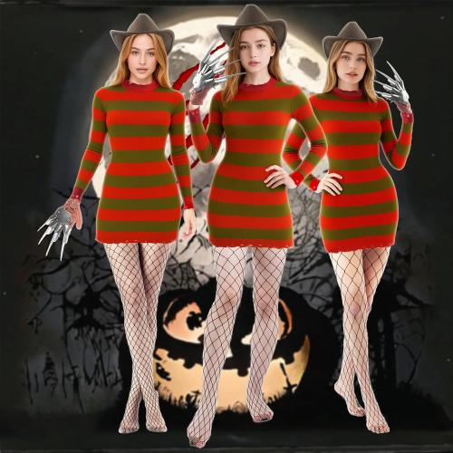 Unisex Halloween Costume for Women Adult Scary Killer Knitted Striped Dress with Brown Hat Glove and Mesh Stockings Cosplay