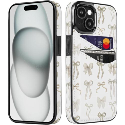 Compatible with iPhone 13/14/15 6.1 inch Case with Card Holder Soft Cute Leather Wallet Case Protective Shockproof Hard Cover for Women Girls (Pastel Ribbon Bow)