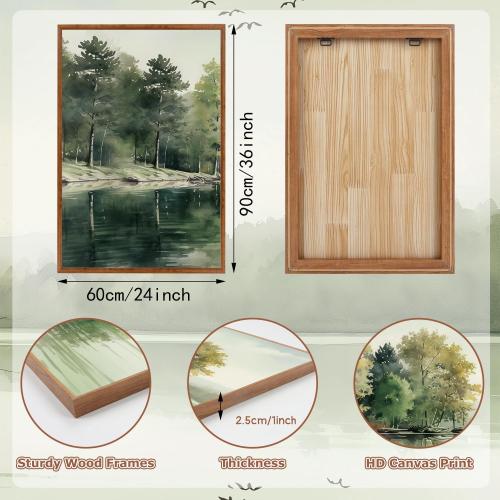 KAIRNE Framed Nature Canvas Wall Art Set,Misty Forest Wall Decor,Green Mountain Forest Pictures,Lake Water Painting set of 3(24”x36”),Landscape Scene Print for Living Room, Bedroom,Gallery Decor