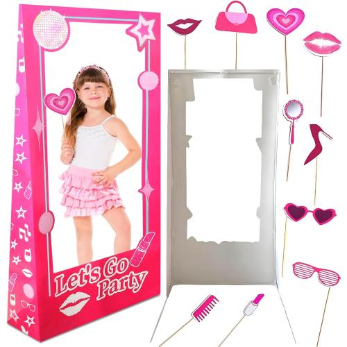 4.5 Ft Tall Life Size Photo Booth Props with Fixed Bracket, Stand-in Cardboard Doll Photo Props for Birthday Party Decorations, Girls Photoshoot, Pink Princess Doll Theme Decor