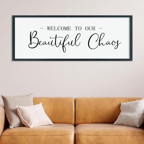 LuZhiQiang Welcome To Our Beautiful Chaos Sign Wall Decor 40×15 for Home Living Room Entryway Bedroom Large Wood Framed Wall Hanging Art (Black)