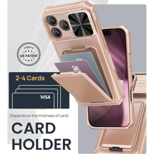 SSLOTSCASE for iPhone 17 Pro Max Case with Wallet & Sliding Lens Cover & Kickstand & Credit Card Holder & Camera Stand, Military-Grade Protection Phone Case Cover for iPhone 17 Pro Max 2025, Rose Gold