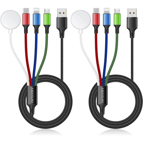 Size 4FT 2Pack Multi Charging Cable for Apple Watch Charger 4 in 1 Travel Essentials Camping Essentials USB C/L/Micro Port Compatible with iWatch Series 10-1/iPhone 16/15/Galaxy Android-4FT
