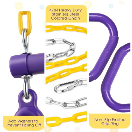 LadyRosian 17 Trapeze Bar Swing Set Gym Rings 47 Heavy Duty Chain Swing Set Accessories with Locking Carabiners Plastic Coated Chains Monkey Bars for Backyard, Playroom (Purple)