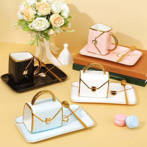 Sliner Set of  4 Size 10oz Coffee Mug Handbag Shaped Ceramic Tea Cup with Saucer Spoon 10 Oz/ 310 ml Purse Gift Mug for Office Home Coffee Tea Hot Chocolate Cappuccino(Classic)