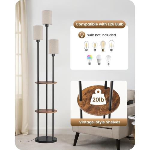 70.9 Floor Lamp with Shelves, Modern Floor Lamp with 3 Linen Shades and Foot Switch, 3-Light Standing Lamp, for Living Room, Bedroom, Study, Office, Rustic Brown and Beige EF53LD05‼️missing pieces‼️