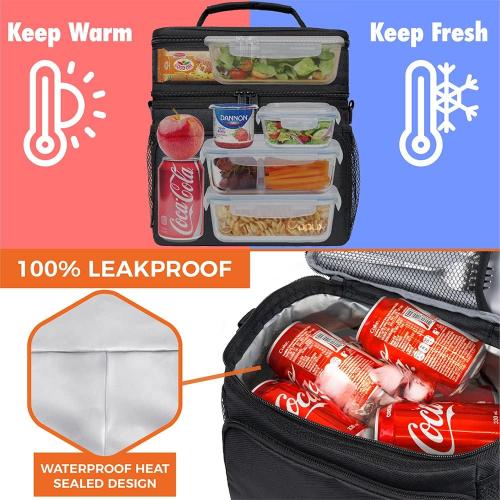 opux Insulated 2 Deck Lunch Bag for Men Women, Large Dual Compartment Cooler Bag for Work School Picnic, Leakproof with Strap for Kid Adult (Black)