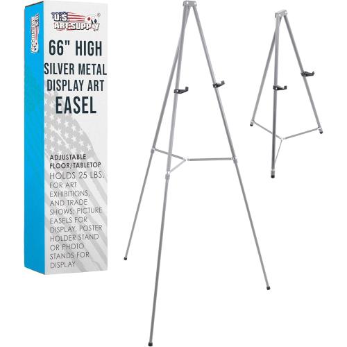 U.S. Art Supply 66 High Gallery Silver Metal Display Easel - Large Adjustable Height Portable Easel Stand, Sign Display, Holds 25 lbs - Floor & Tabletop Easels, Painting Stand
