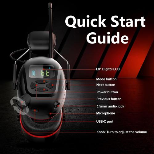 Bluetooth 6.0 AM/FM Hearing Protection, Radio Headphones with Digital Display, 30 SNR Noise Reduction Safety Earmuffs with Rechargeable 2000 mAh Large Battery, Ear Protector for Mowing Lawn Work