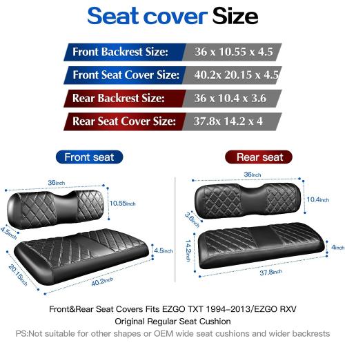 NOKINS 4PCS Golf Cart ET Diamond Seat Covers Kit,Front and Rear Seat Covers for EZGO TXT 1994-2013 Original Regular Seat Cushion, No Stapler, Golf Cart Vinyl Replacement Seat Cover,Black Stitching