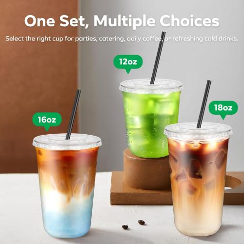 50PCS 16 oz Round Bottom Plastic Cups with Lids and Black Straws, Clear To Go Iced Coffee Smoothie Juice Cups, Disposable Cold Drink Bubble Tea Party Cups for Catering, Christmas, Birthdays, Takeout