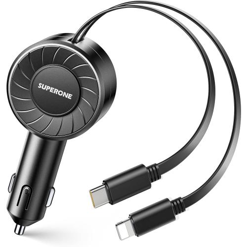 SUPERONE Retractable Car Charger with Retractable Cords, Small Fast Charge Retractable Car Phone Charger for iPhone and Android, Compatible with iPhone 17/16/15/14/13/12/11 Pro Max Samsung