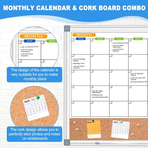 Monthly White Board Calendar Dry Erase Cork Board Combo for Wall, Double-Sided 36 x 24 Magnetic Calendar Whiteboard & Bulletin Board, Portable Dry Erase Board for Home, Office, School