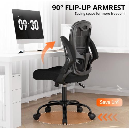 Black Office Chair, Ergonomic Desk Chair Breathable Mesh Chair with Adjustable High Back Lumbar Support Flip-up Armrests, Long Hours Comfortable Computer Chair for Home Office, Black