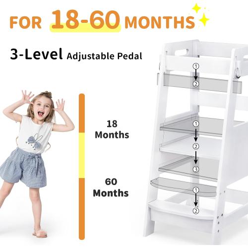TOETOL Bamboo Toddler Kitchen Step Stool White Helper Standing Tower Height Adjustable with Anti-Slip Protection for Kids Kitchen Counter Learning