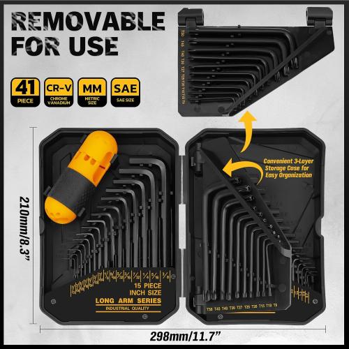 ELEAD Hex Key Allen Wrench Set: 41-Piece Hex and Torx Key Set with Torque Handle, Standard SAE(0.028-3/8) & Metric(0.7mm-10mm) & Torx(T9-T50) in Storage Case, Heat Treated Chrome Vanadium Steel