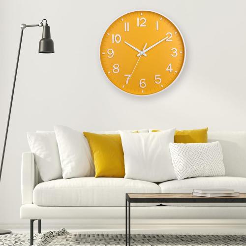 HZDHCLH Yellow Wall Clocks Battery Operated,12 inch Silent Non Ticking Modern Wall Clock for Living Room Bedroom Kitchen Office Classroom Decor