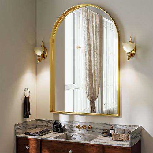 20 x 30 Luxury Arched Bathroom Mirror - Arch Wall Mirror with Shatterproof Tempered Glass and Metal Deep Frame, Hanging or Leaning for Living Room, Dresser, Entrance and Hallway, Gold