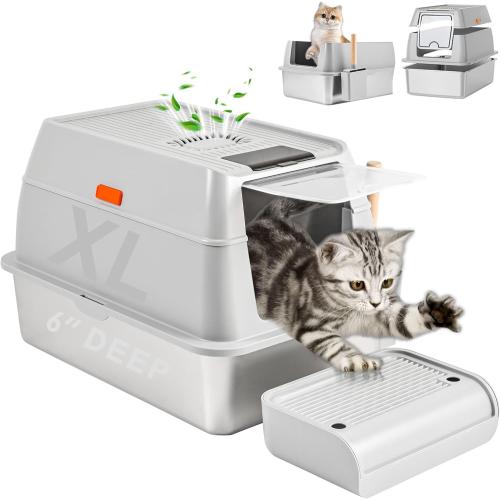 Stainless Steel Litter Box with Lid, Covered XL Extra Large Cat Litter Box Enclosure, Metal Kitty Litter Boxes with High Sided, Litter Scoop and Filter Pedal, Anti-Leakage, Non-Stick, Easy to Clean