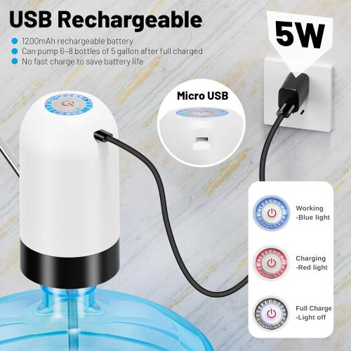 Myvision Water Dispenser for 5 Gallon Bottle,Portable USB Charging Electric Water Pump, Drinking Water Jug Pump for Home, Kitchen, Living Room, Office,Camping,Universal for 3-5 Gallon (White)