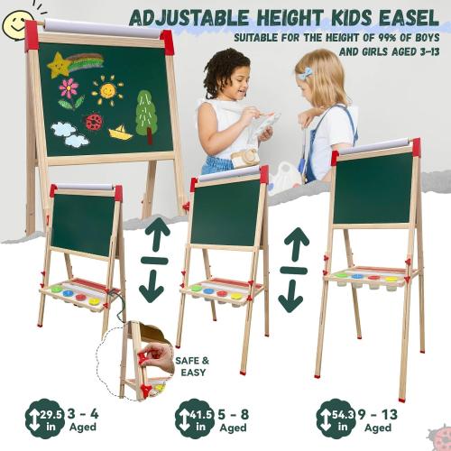 Easel for Kids,Adjustable Wooden Art Easel for Kids,114  Art Supplies,Double Sided Magnetic Chalkboard and White Board for Kid,Drawing and Painting for Aged 2-4,5-7,8-12,2 Paper Rolls