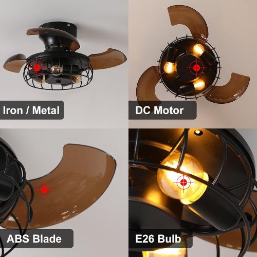 21.6'' Retractable Ceiling Fans with Lights Caged Farmhouse Ceiling Fan Lights with Remote Control and APP, Rustic Industrial Ceiling lamp Black Fixture for Living Room Bedroom Kitchen, A