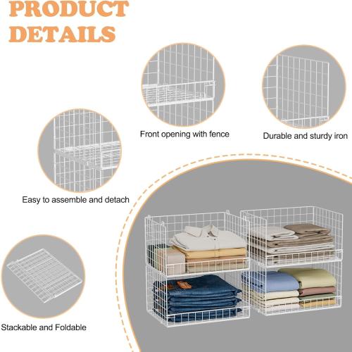 Yociyoga 4-Tier Stackable Closet Organizers and Storage Basket, Foldable Closet Shelf Organizer System, Space-Saving Clothes Storage Drawer Organizer for Wardrobe, White (Patent 30022416)