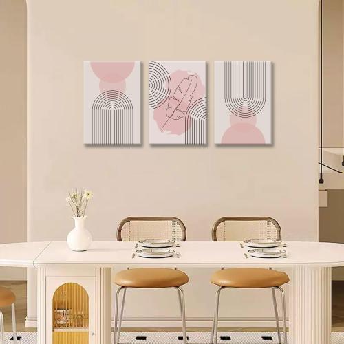 Fetyiu 3 Piece Boho Wall Art Pink Canvas Art Prints Mid-Century Modern Paintings Abstract Pictures Geometric Wall Decor Lines Artwork for Bedroom Office  Framed