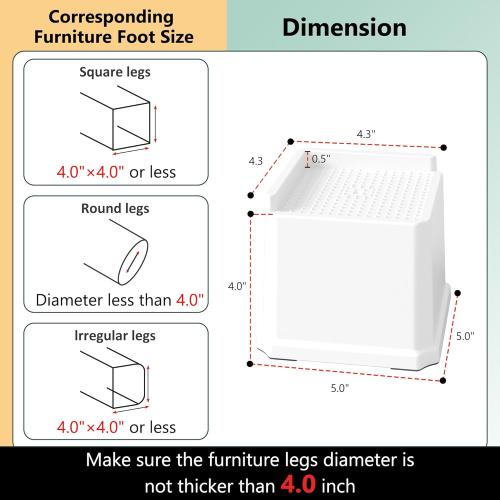 Bed Risers 4 Inch 8 Pack, Oversized L Shape Furniture Bed Lifts Risers 4 in Heavy Duty Wide Opening Elevators fits to Couch, Sofa, Bed Frame, White