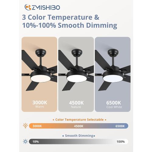 ZMISHIBO 52 Inch Ceiling Fan with Light, 30W LED, Smart Remote/APP, Black