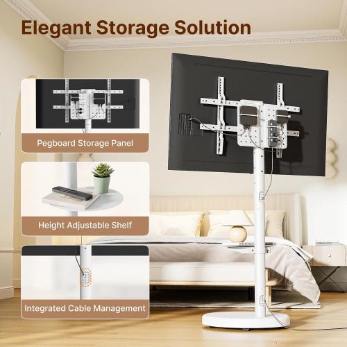 Height Adjustable Rolling TV Stand for 37-86 Inch TV up to 110 Pounds, Portrait to Landscape, Heavy Duty Mobile TV Cart with Shelf Max VESA 600x400mm (White)