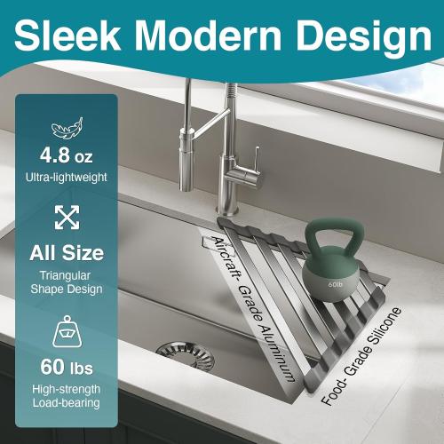 Corner Sink Drying Rack, 16x9.5 Rust-Proof Aluminum Triangular Dish Drainer, Heat Resistant Roll Up Mat for Kitchen Counter, Sponge Holder & Organizer with Non-Slip Silicone Base, Gray