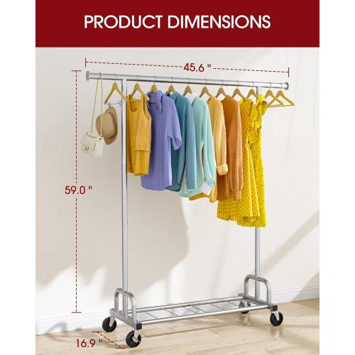Sakugi Clothes Rack - Large-Capacity Clothing Racks for Hanging Clothes with Lockable Wheels, Space-Saving Metal Coat Rack for Bedroom, Laundry Room, Entryway, 45.6 x 16.9 x 59, Silver