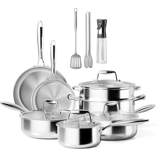 Stainless Steel Cookware Set - VONIKI Tri-ply Stainless Pots And Pans Set with Steamer Basket, Non Toxic Induction Cookware, Kitchen Cookware Sets PFOA & PTFE Free, Dishwasher and Oven Safe