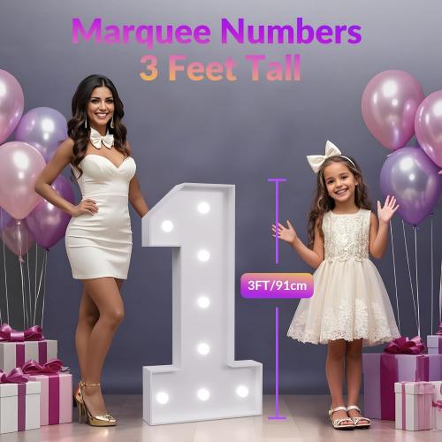 3FT Light Up Numbers 1, 1st Birthday Decorations for Girls Boys Kids Baby, Marquee Numbers 3 Feet Tall Light Up Sign for Birthday Party Anniversary Decorations