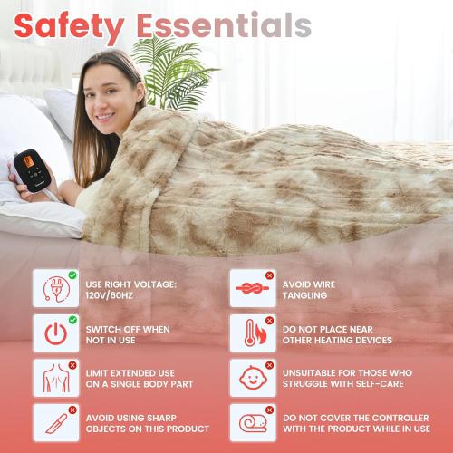 Sunable Heated Electric Blanket - Machine Washable Blanket with Time Settings 10 Heat Settings Full Size 77×84 inches Beige - Faux Fur