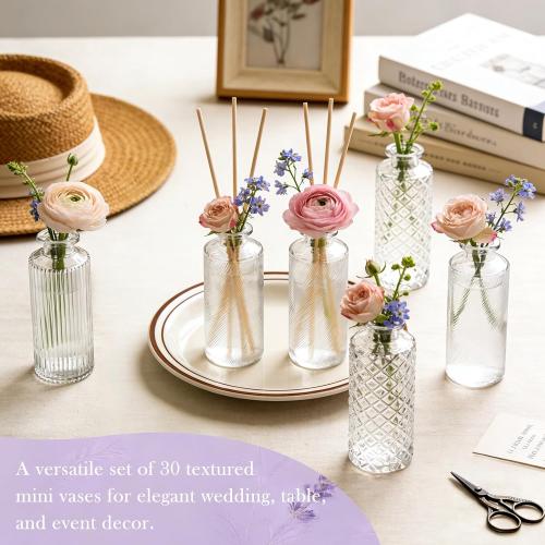 Glass Bud Vases Set of 30, Small Clear Flower Vases for Centerpieces in Bulk, Mini Vintage Vases for Wedding, Party, Home or Table Decorations