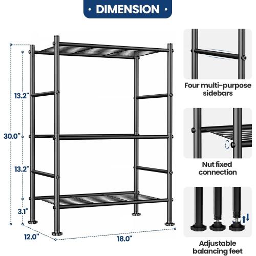 Abiglifty Storage Shelves, 3-Tier Metal Shelving, Wire Shelving with Adjustable Leveling Feet, Shelf Organizer for Bathroom, Closet, Garage
