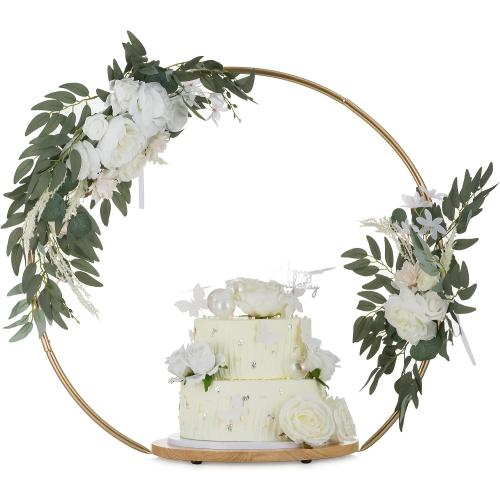NUPTIO Wedding Cake Stand Pedestal: 14 Inch Cupcake Display Wooden Floral Arch Stands with Gold Metal Hoop Table Centerpieces Decoration for Birthday Tea Party Banquet Christmas Anniversary