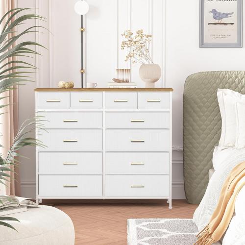 VASICAR White Dresser for Bedroom with 12 Deep Drawers, Wide Chest of Drawers, 55 TV Stand with Retro Wood Top, Tall Fabric Dresser for Closet, Nursery
