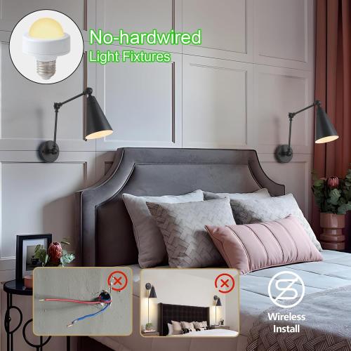 MWZ Black Swing Arm Wireless Rechargeable Sconces Set of 2,Battery Operated Dimmable 12 RGB Color Cordless Wall Lamp with Remote,Cone Indoor Non Hardwired Wall Mounted Light Fixture for Bedside