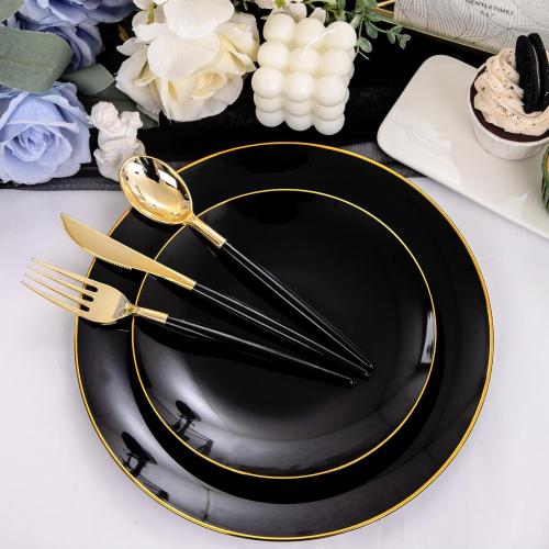Nervure 100 Pieces Black Plastic Plates - 7.5inch Black Dessert Plates - Disposable Gold Plastic Plate - Disposable Plate Ideal for Wedding & Father's Day & New Year