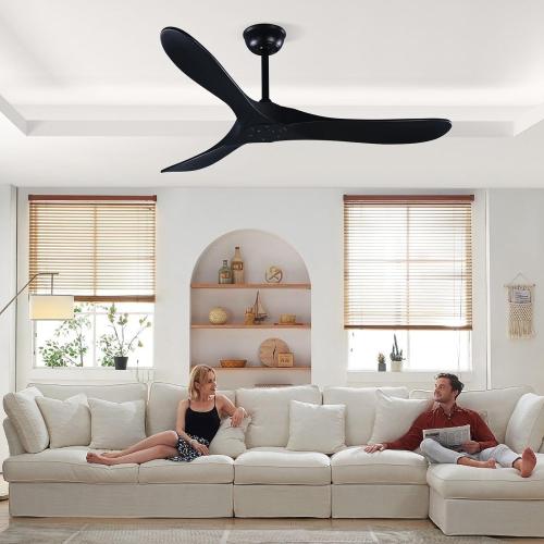 52 3 Blade Ceiling Fan Without Light, Farmhouse Rustic Wooden Flush Mount Ceiling Fan no Light with Remote for Indoor/Outdoor - High End Silent Operation, Black, 52 Inch