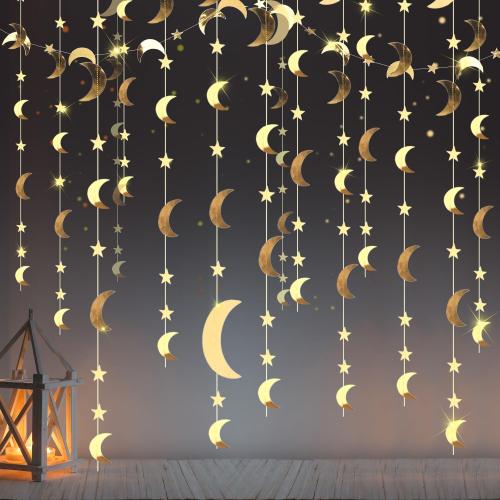 Glitter Star Moon Garland Banner Decor, 130 Feet Star Hanging Bunting Banner Gold Bright Moon Paper Garland Backdrop for Graduation Class Congrats Grad Eid Muburak Party Decoration(Gold)