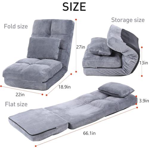 Indoor Floor Chaise Lounge Sofa Chair for Adults, 14-Angle Adjustable Recliner with Back Support & Pillow, Foldable Floor Lounger, Comfort for Living Room, Reading, Relax - Grey