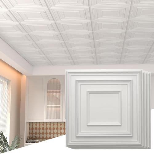 24 pcs 2ft x 2ft Drop Ceiling Tiles, PVC Ceiling Panel White, Waterproof, Washable and Fire-Rated - Reusable - High-Grade PVC to Prevent Breakage (96 sq. ft./Box)