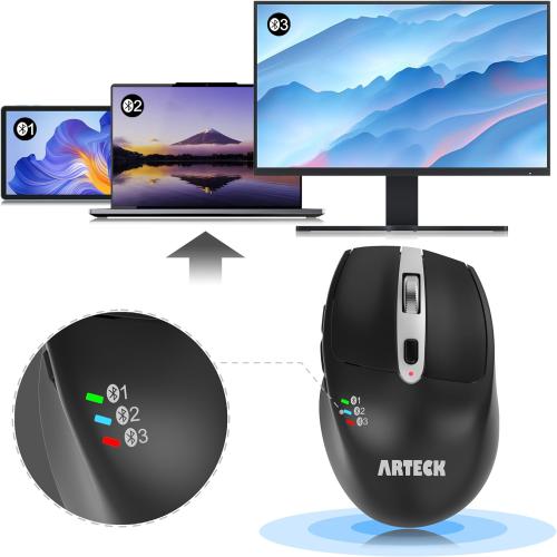 Arteck Multi-Device Wireless Bluetooth Mouse Ergonomic Silent Clicking Backward Forward for Desktop PC Laptop Mac iPad Build in Rechargeable Battery