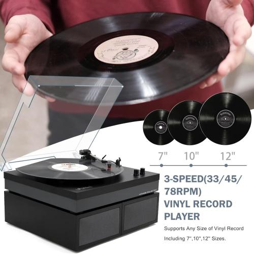 Vinyl Record Player with Stereo Bookshelf Speakers, 3-Speed Belt-Drive Turntable, Modern Vinyl LP Player with Wireless Playback, Auto Stop, RCA Output | Black Leather